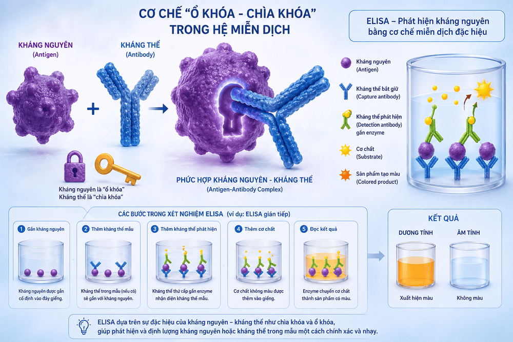 Xét nghiệm ELISA sử dụng cơ chế _ổ khóa - chìa khóa_ trong hệ miễn dịch