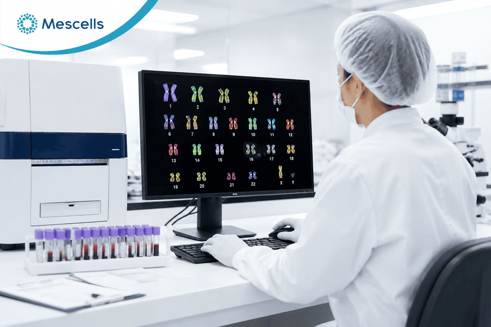 Chuyên gia di truyền phân tích bản đồ nhiễm sắc thể Karyotype trên thiết bị công nghệ cao tại phòng Lab