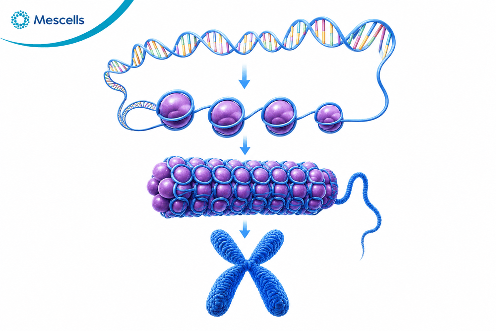 Sơ đồ cấu trúc đóng gói DNA từ chuỗi xoắn kép quấn quanh histone thành cấu trúc nhiễm sắc thể nén chặt